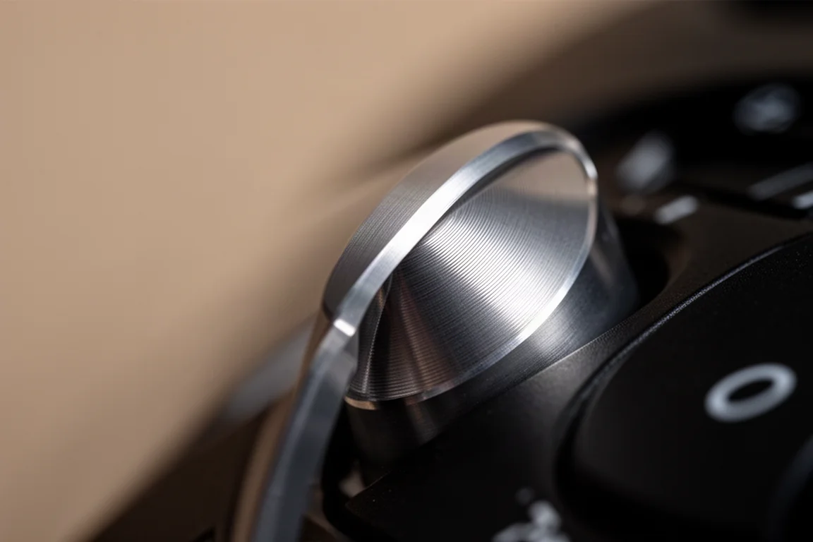 Macro detail of a machined aluminium control dial edge with fine knurled texture