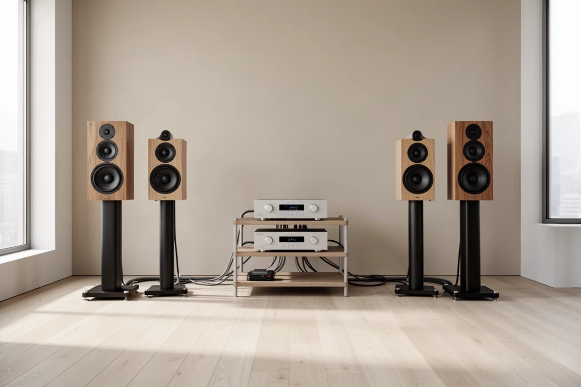 Specialist hi-fi showroom with two pairs of speakers set up for an audition