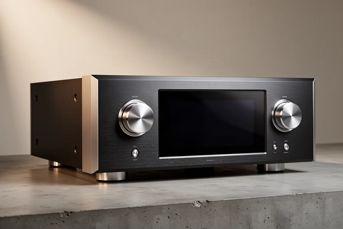 Large dark metal integrated amplifier with two aluminium dials and a central display panel on concrete