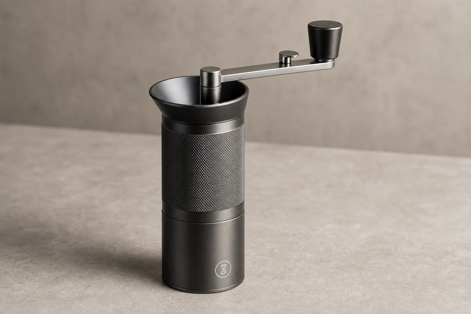 Seven premium hand coffee grinders arranged on concrete surface