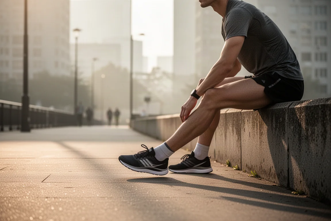 Runner stretching before an easy morning run on quiet city pavement