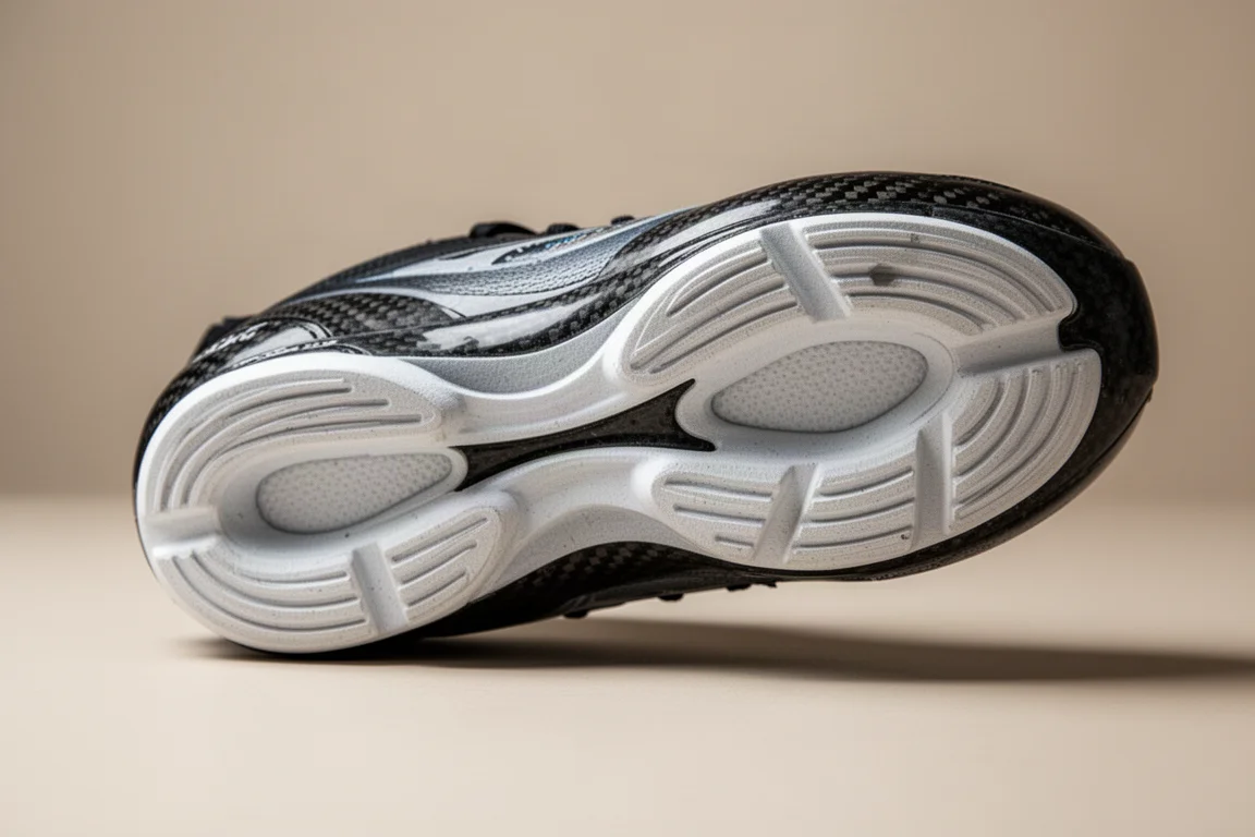 Close-up of a carbon-plated racing shoe midsole showing layered foam construction