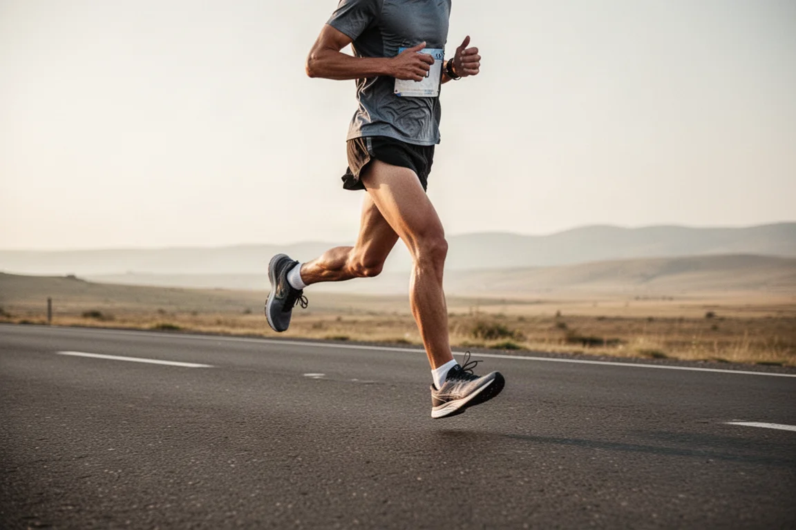 Marathon runner on an open road in soft afternoon light