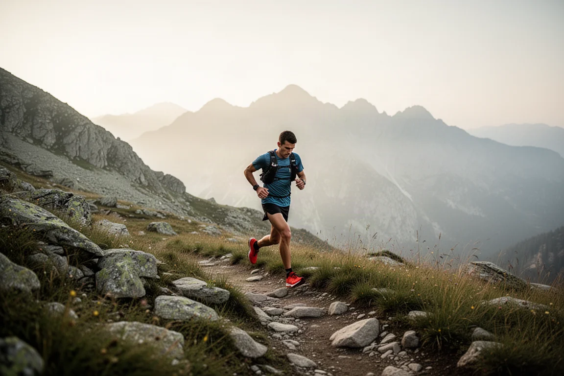 Trail runner descending a rocky mountain trail