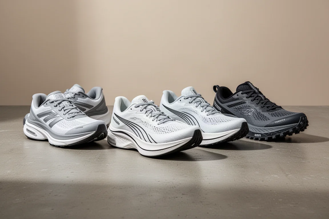 Four Kip Run 2026 running shoes lined up on a concrete surface