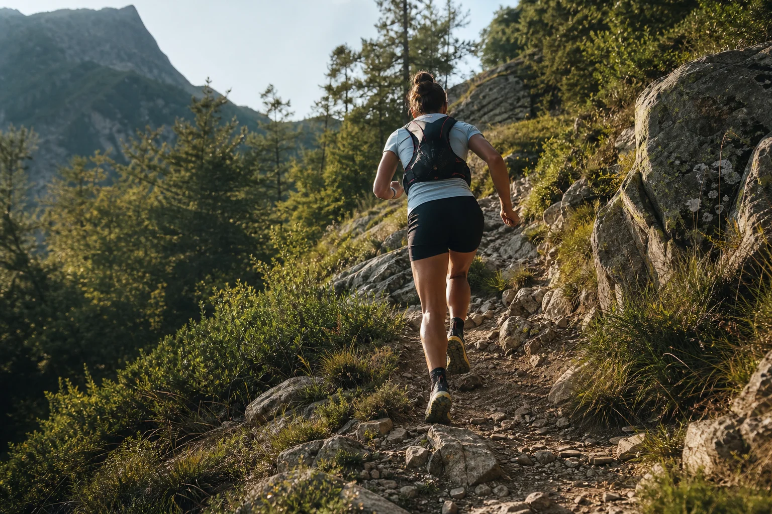 Trailrunner beim Aufstieg an einem steilen Hang im Nachmittagslicht