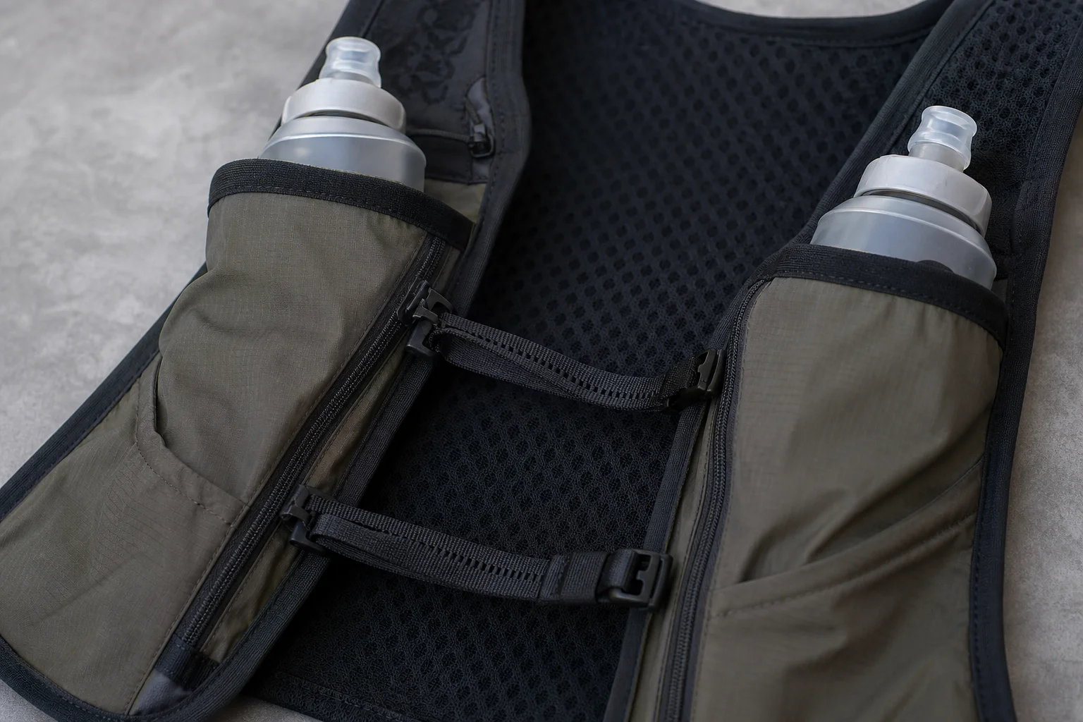 Nahaufnahme der Vordertaschen der Laufweste mit Softflasks und Reißverschlussdetails