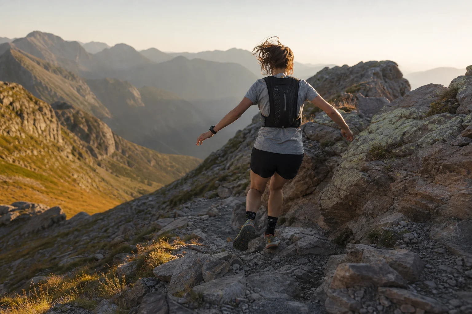 Läufer bei einem technischen Abstieg auf einem Bergpfad zur goldenen Stunde