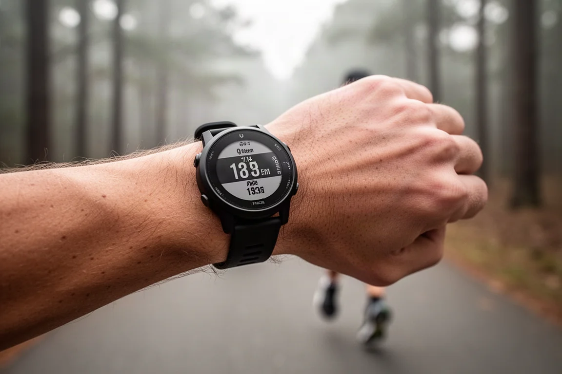 Runner checking a GPS watch mid-run on a quiet paved road