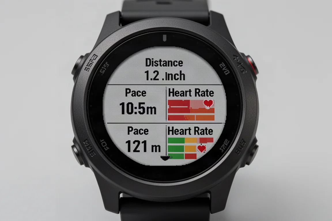 GPS watch display showing distance, pace, and heart rate fields