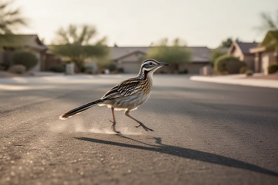 Road runner in steady long-distance pace on an open suburban road
