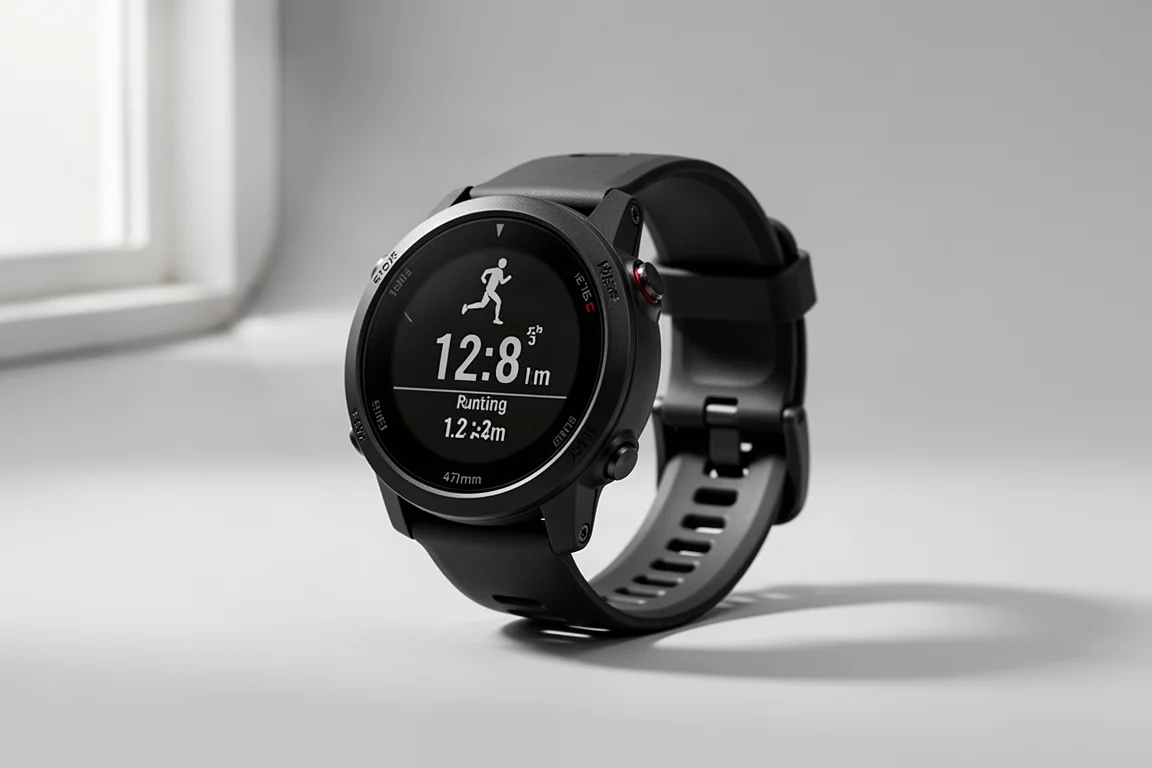 Matte black GPS running watch with round display on a light grey backdrop