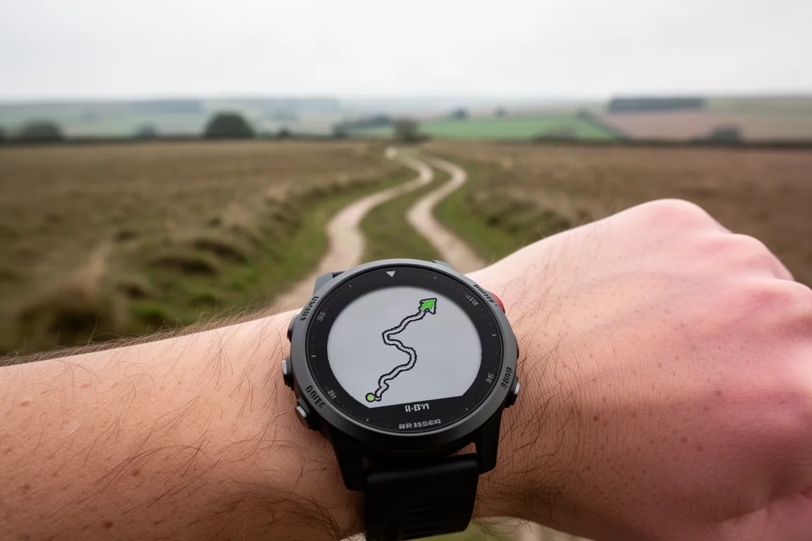 GPS-horloge toont een breadcrumb-navigatieroute op een buitenpad