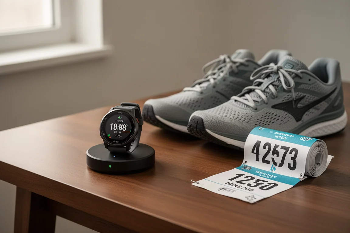 GPS-sporthorloge laadt op een bureau naast de trainingsuitrusting van een hardloper