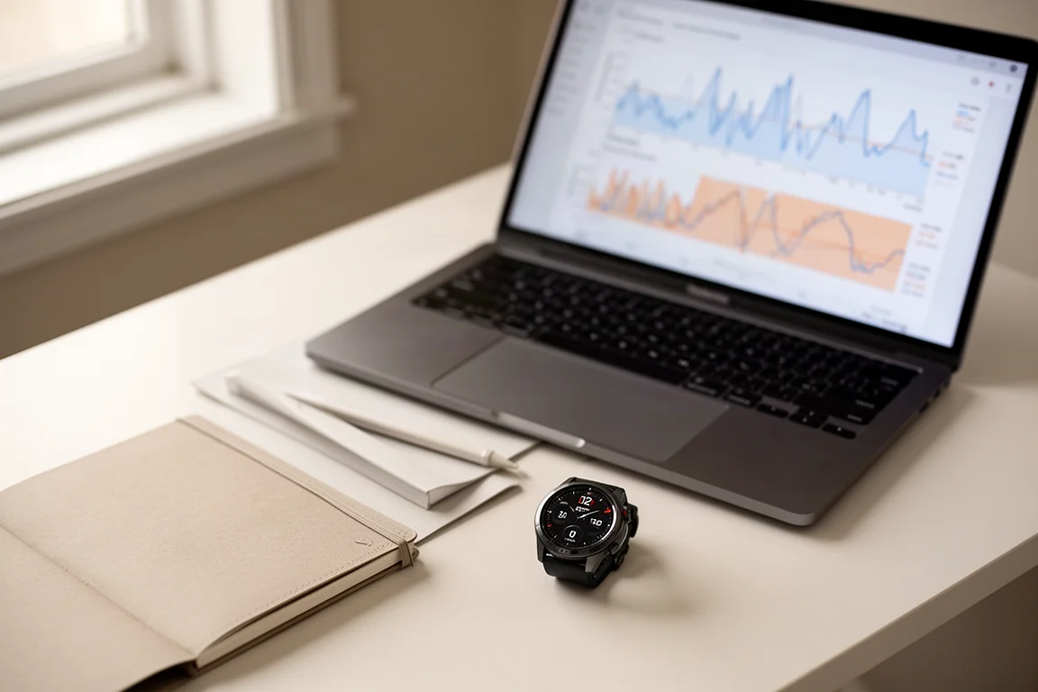 Trainingsanalysegrafieken naast elkaar op een laptop en horloge