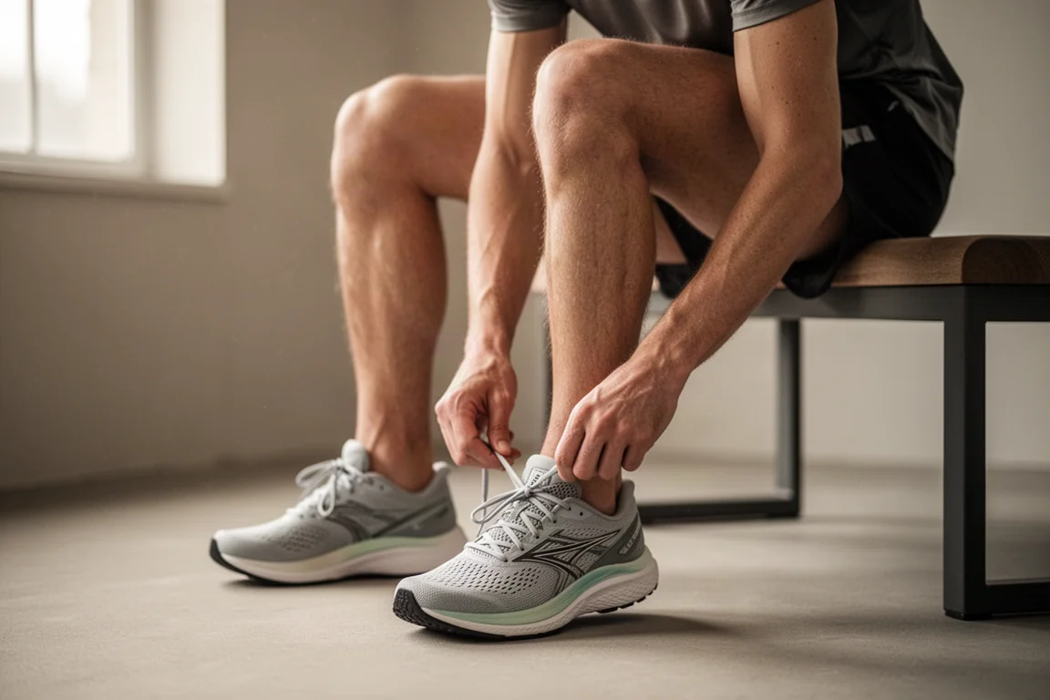 Corredor atándose unos zapatillas de entrenamiento ligeras antes de un tempo run