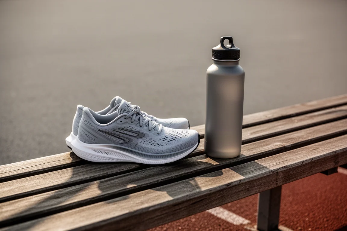 Zapatilla de running apoyada junto a una botella de agua en un banco junto a la pista