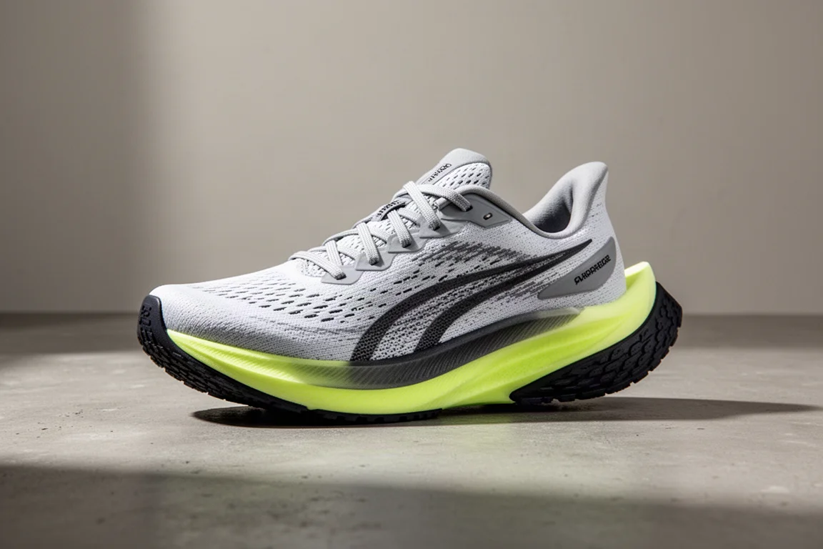 Lightweight running shoe in three-quarter view on matte concrete surface