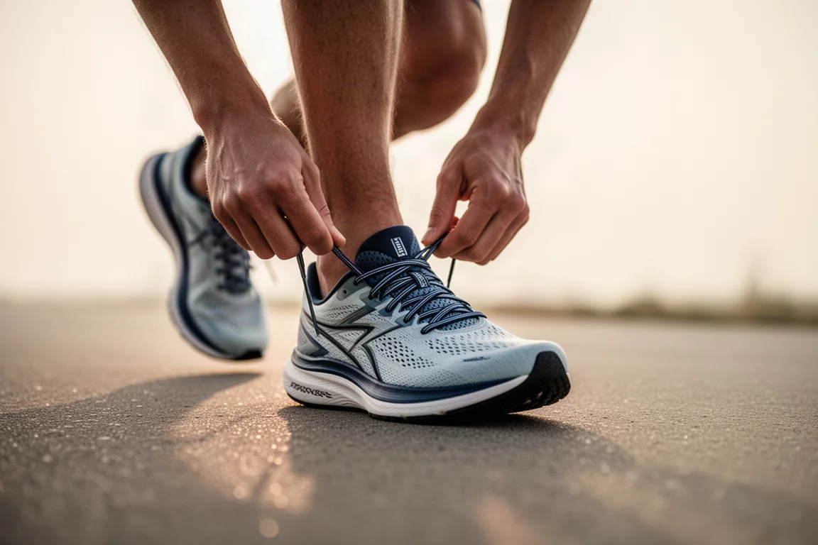Runner lacing up a lightweight running shoe on a paved road at dawn
