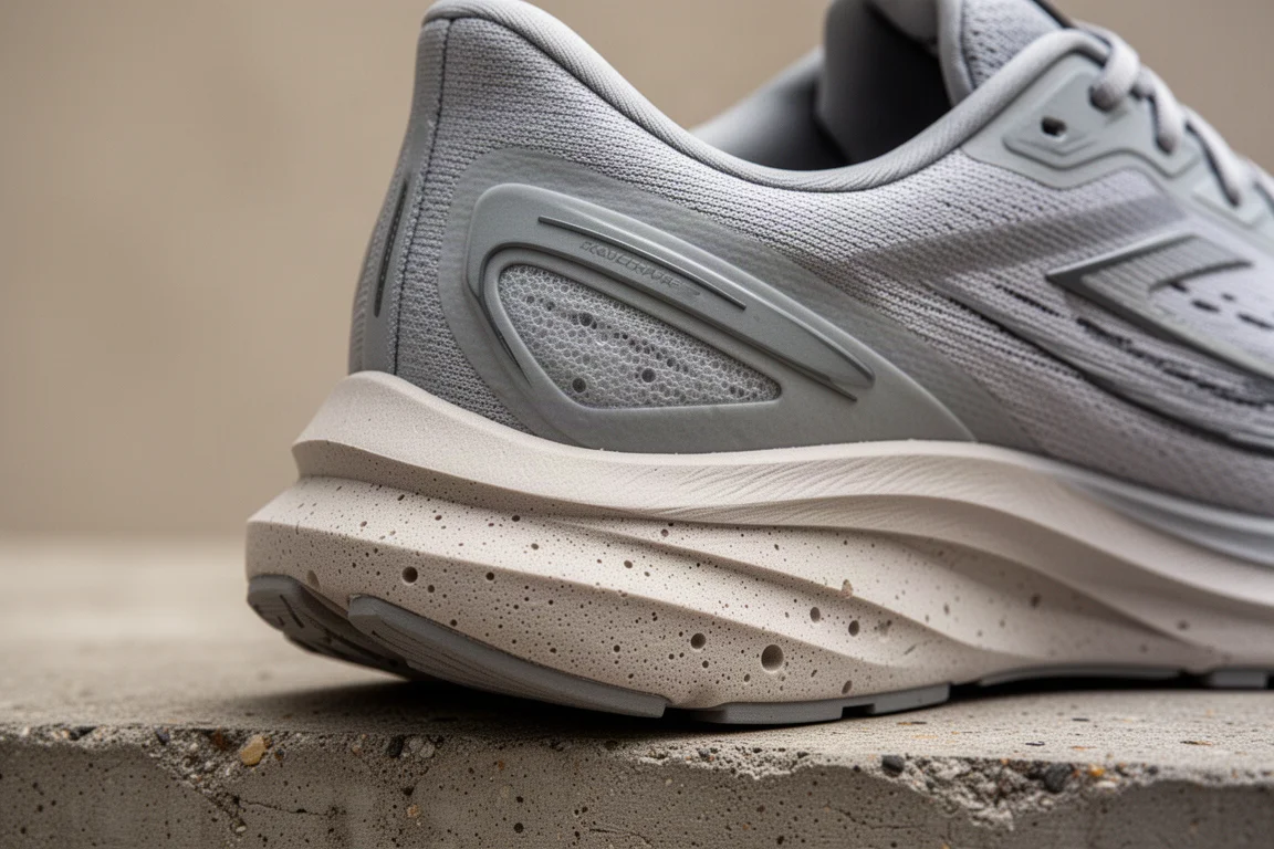 Close-up of a running shoe midsole showing the tall heel stack