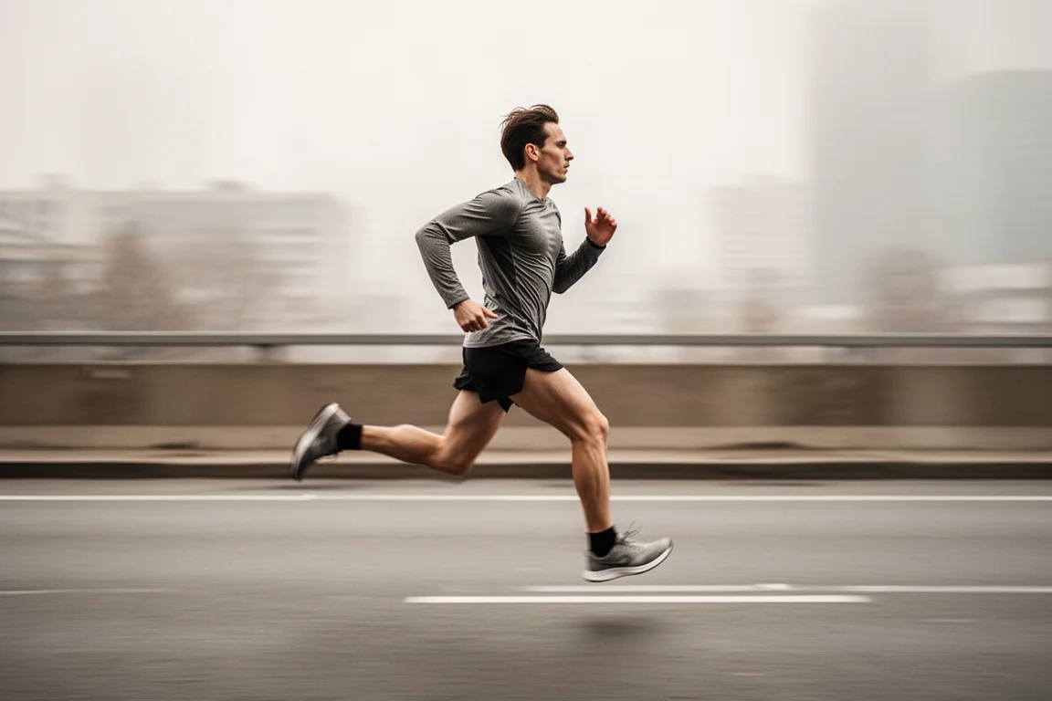 Runner moving at tempo pace along an empty urban road