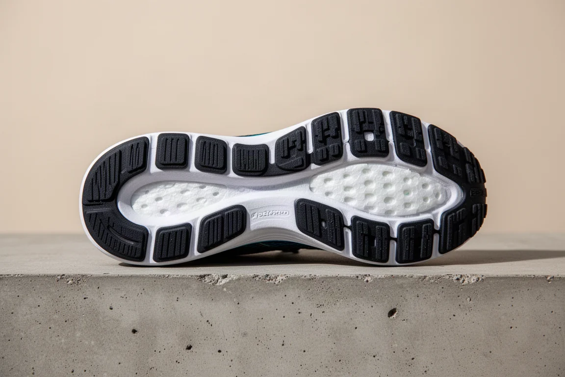 Detail of a running shoe outsole with segmented rubber grip pattern