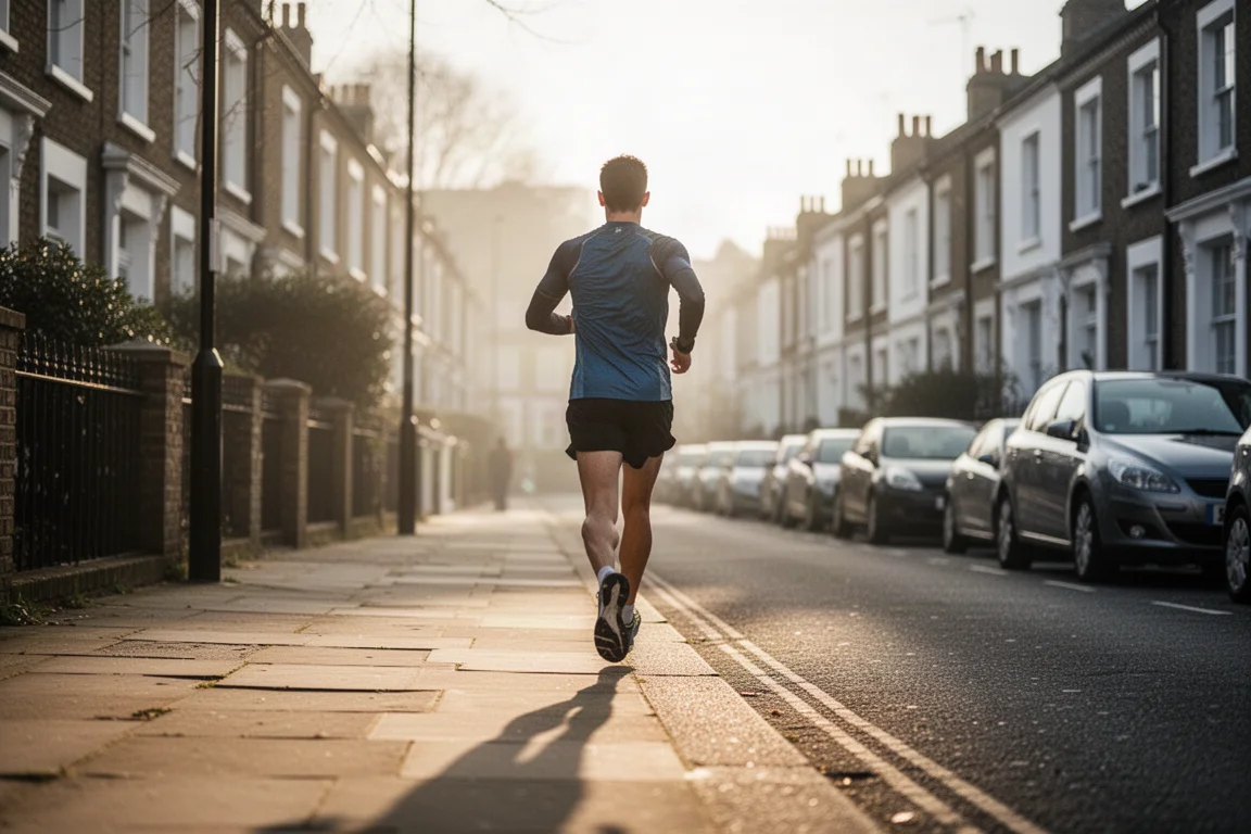 Coureur ajustant les lacets de chaussures de running légères dans une rue londonienne ensoleillée avant un run matinal