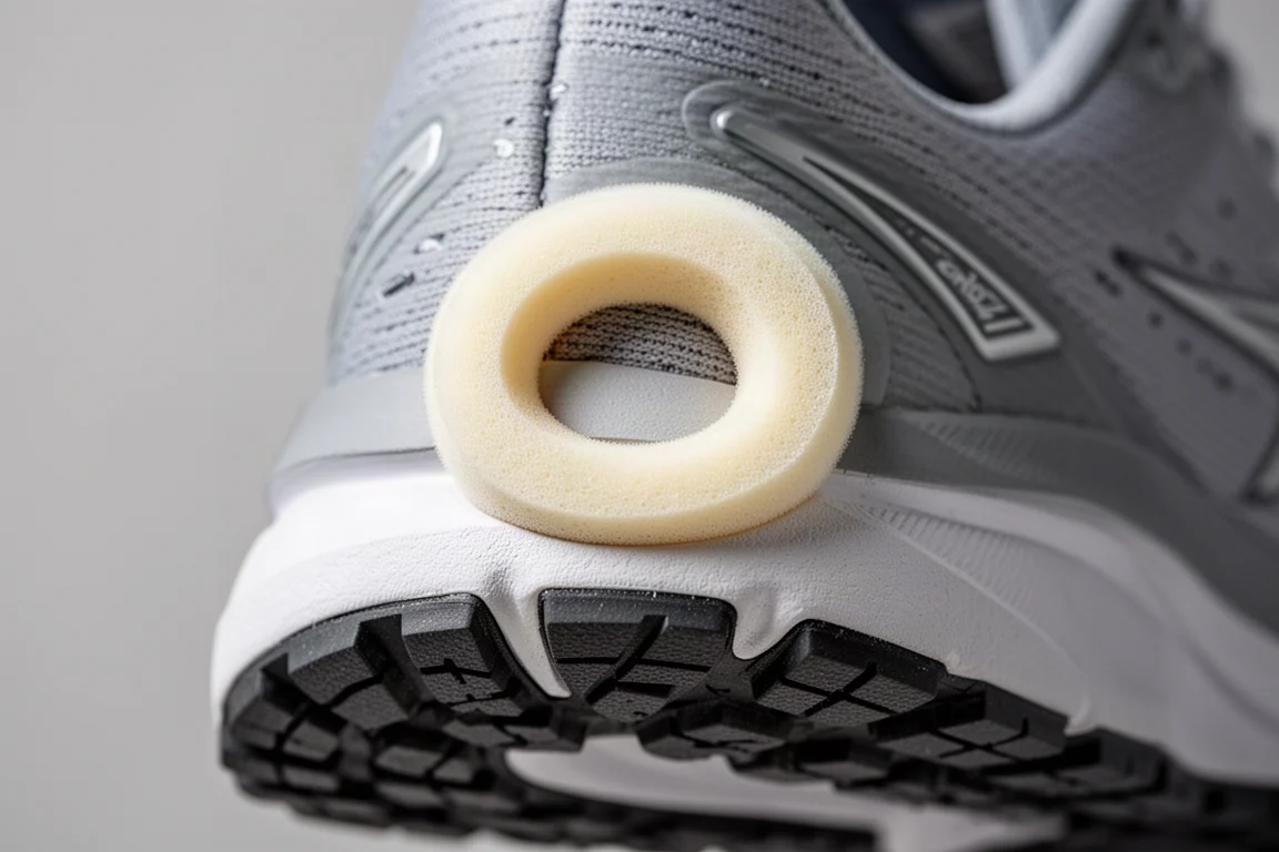 Gros plan sur la semelle intermédiaire d'une chaussure de running avec la mousse en forme de donut au talon