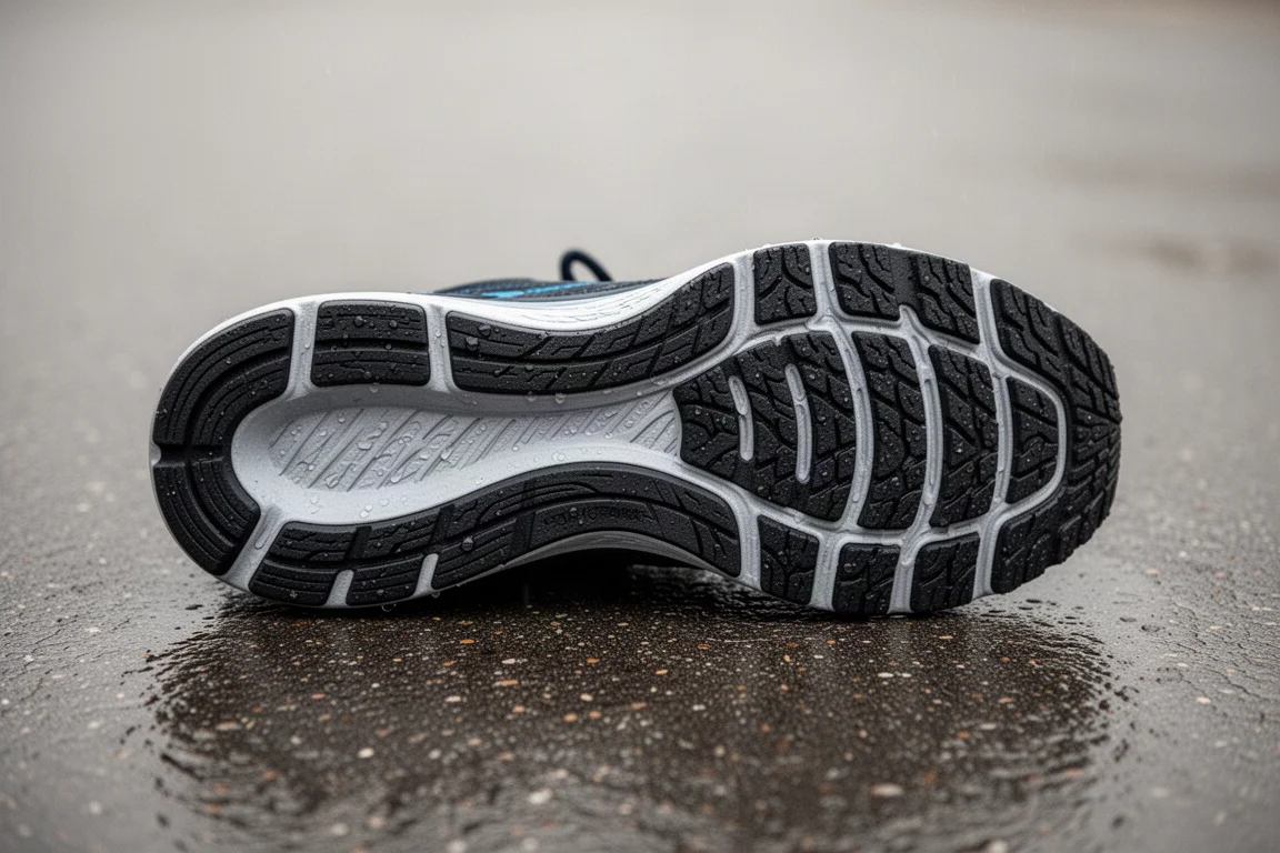 Semelle extérieure d'une chaussure de running avec crampons en caoutchouc inspiré des pneus, posée sur un trottoir mouillé