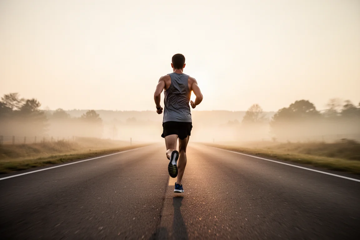 Coureur accélérant sur une route ouverte lors d'une sortie en progression à l'aube