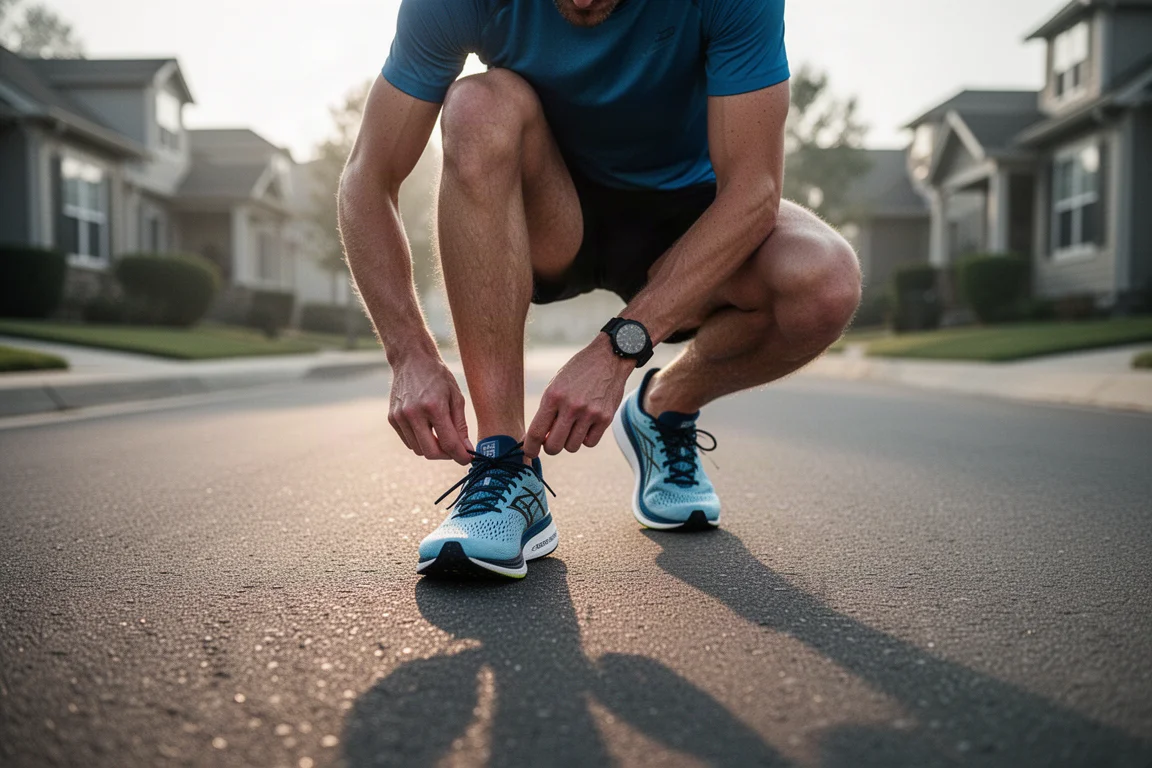 Runner lacing up carbon road shoes before an early morning marathon effort