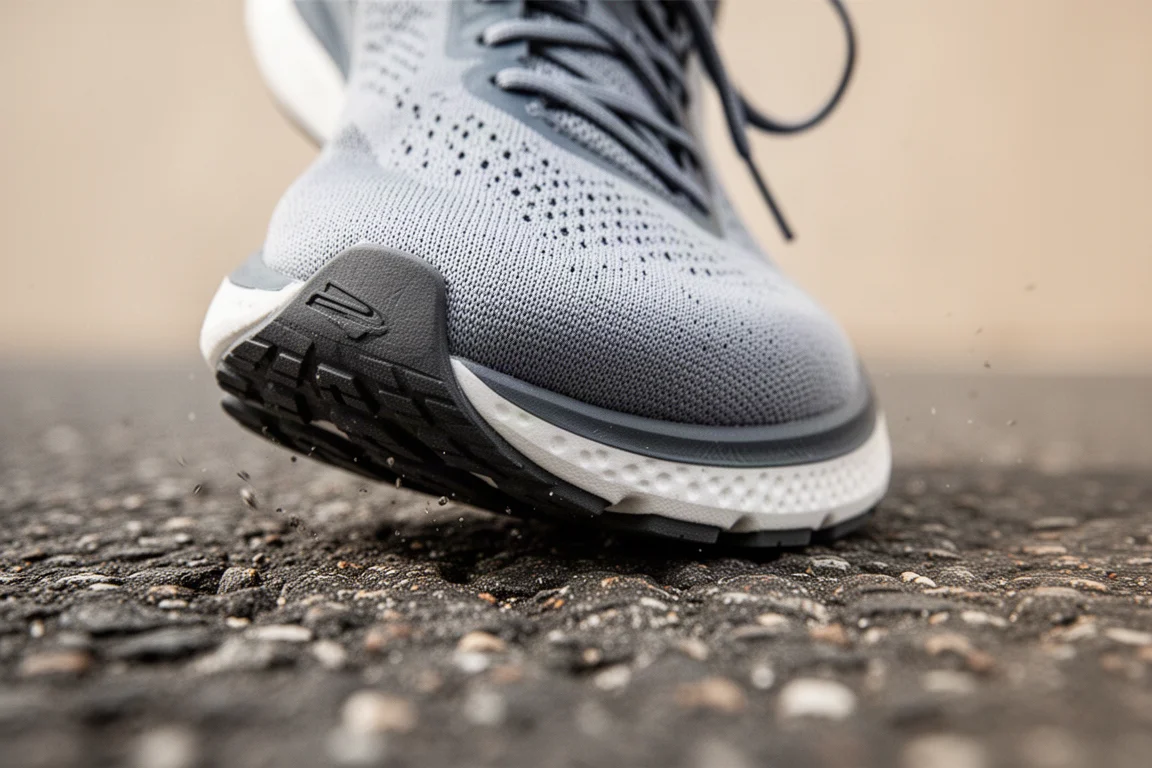 Close-up of a runner's forefoot striking road in a carbon shoe