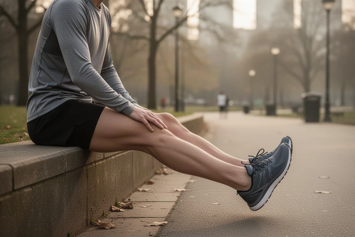 Tired runner stretching legs after completing a long marathon training run