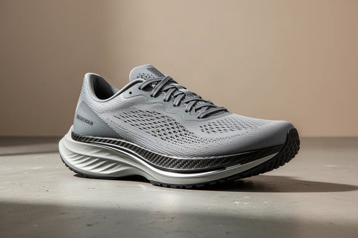 Lightweight carbon-plated running shoe on a matte concrete surface