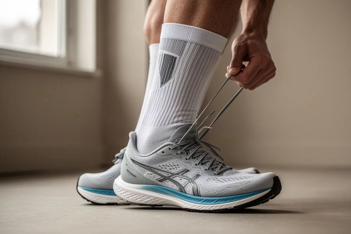 Coureur laçant une chaussette haute au-dessus d'une tige haute sur une chaussure de course