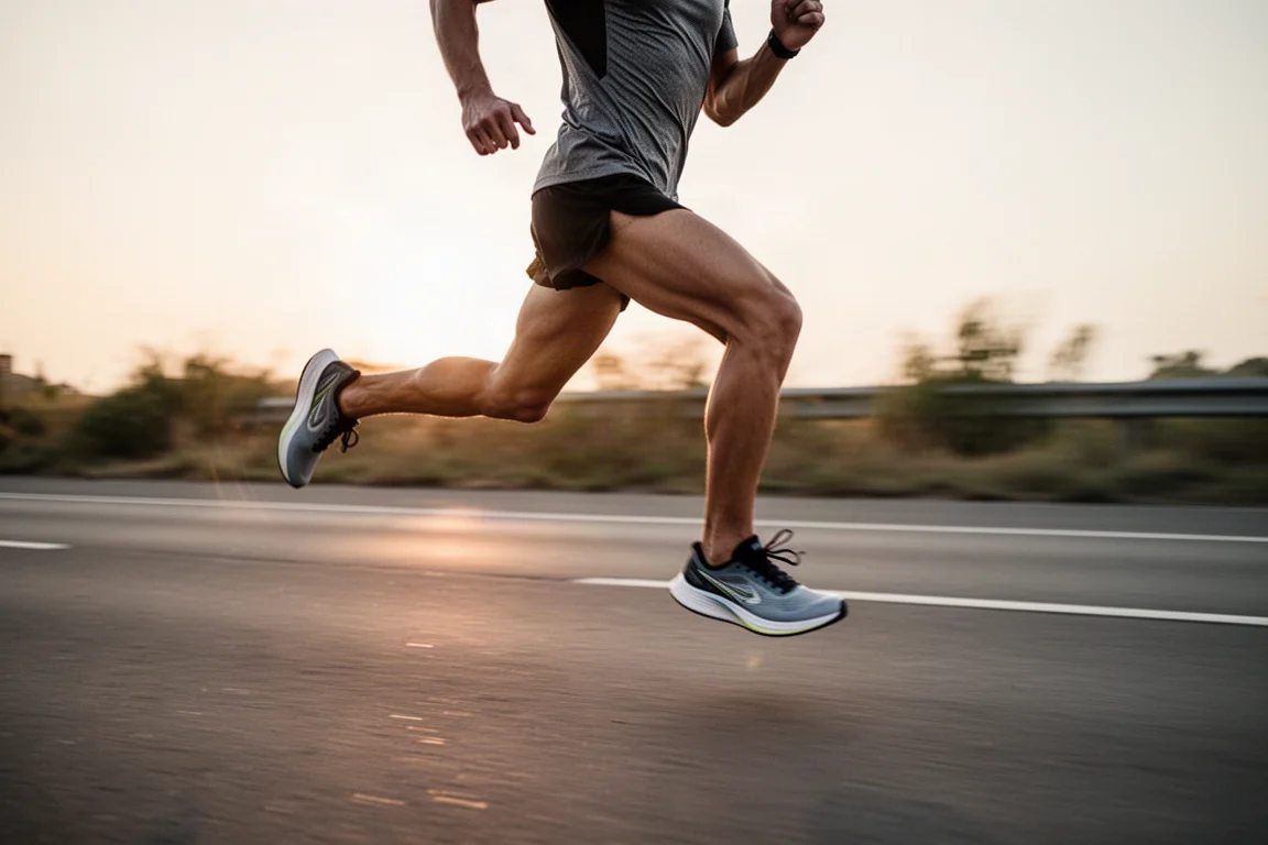 Coureur s'échauffant sur route pour une courte séance de fractionné à l'aube