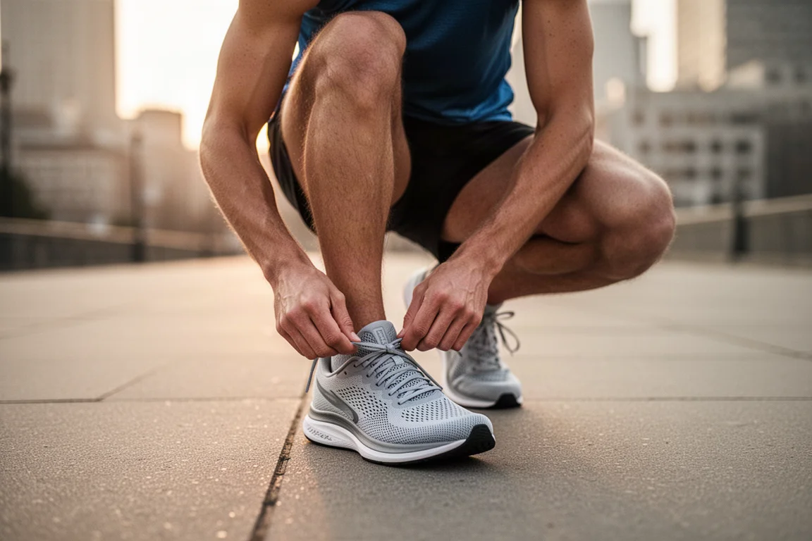 Un runner allaccia una scarpata da running leggera in mesh su una strada cittadina all'alba