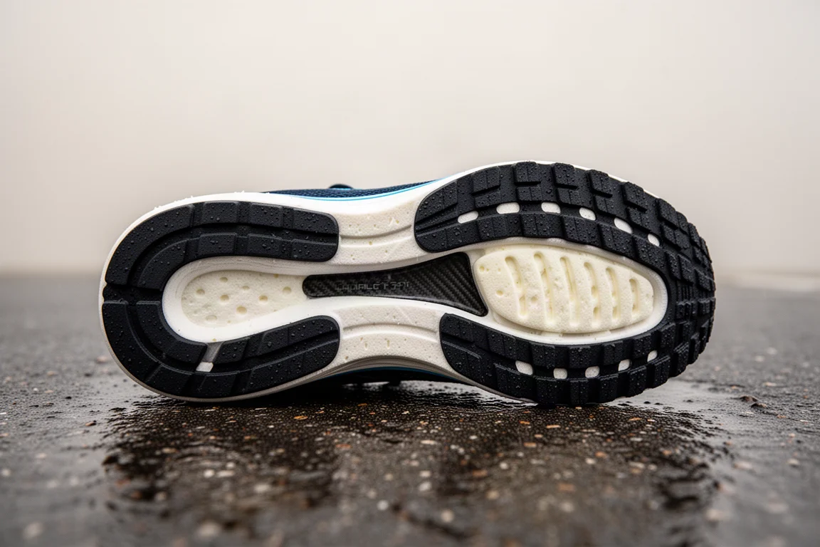 Dettaglio della suola esterna di una scarpata da running con copertura in gomma e ritaglio della placca in carbonio