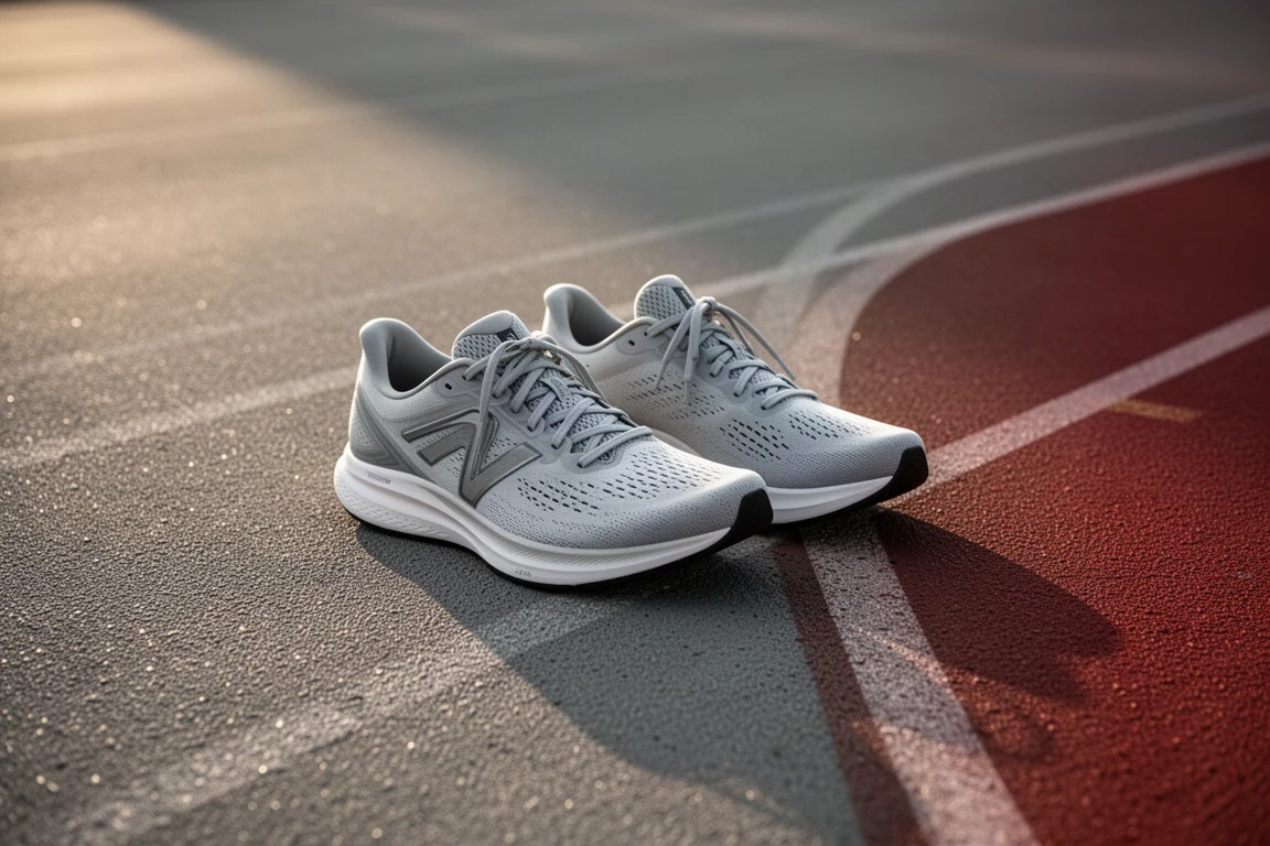 Un paio di scarpette da running appoggiate accanto a una pista dopo un allenamento