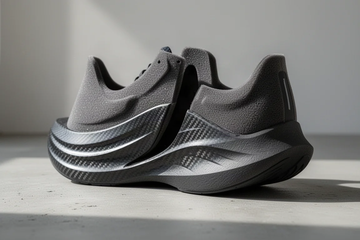 Carbon-plated running shoe showing sculpted midsole and rocker profile on concrete