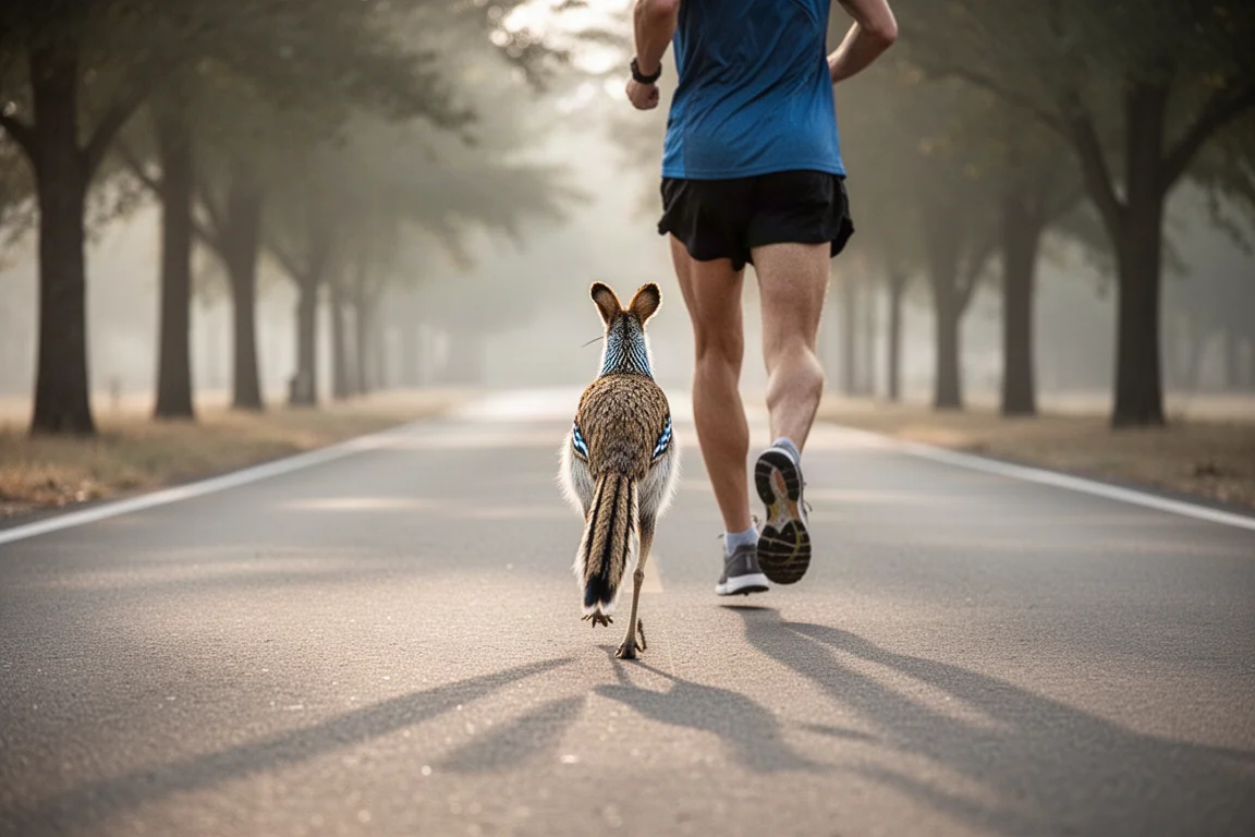 Runner at easy pace on quiet tarmac path in soft morning light