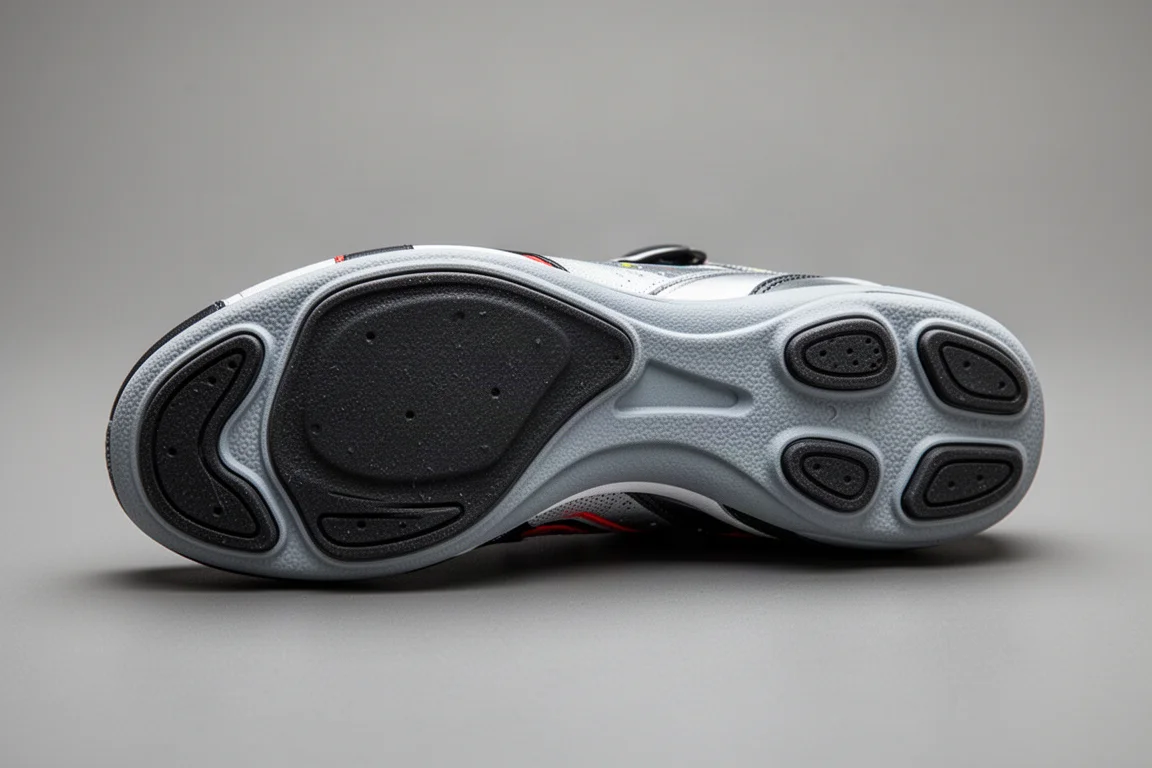Close-up of running shoe outsole rubber pads under bright studio light