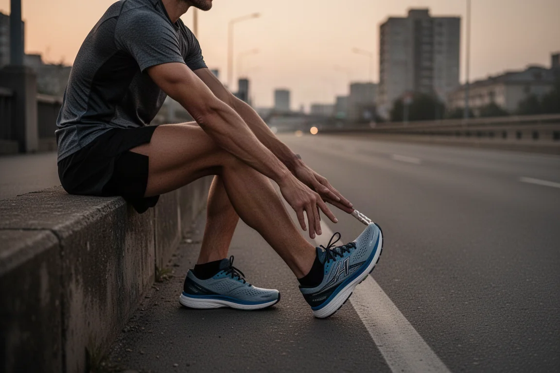 Runner stretching on urban roadside after a long training run at dusk