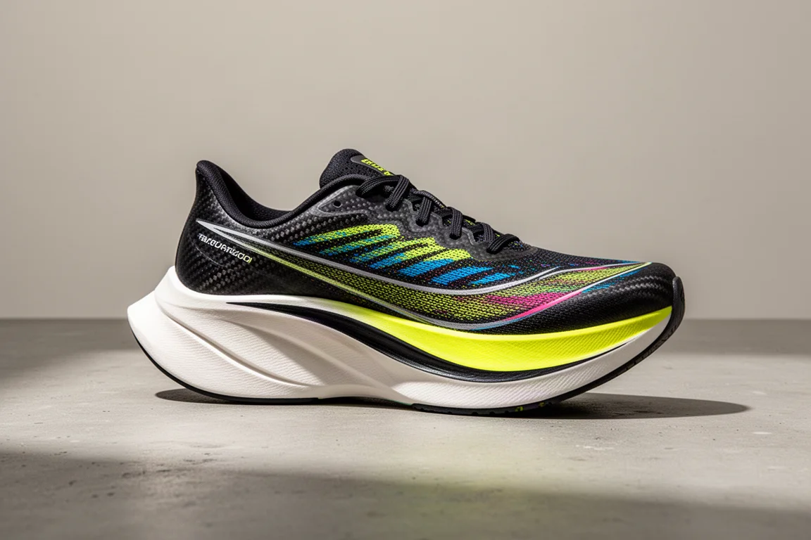 Carbon-plated running shoe with sculpted midsole on a concrete surface