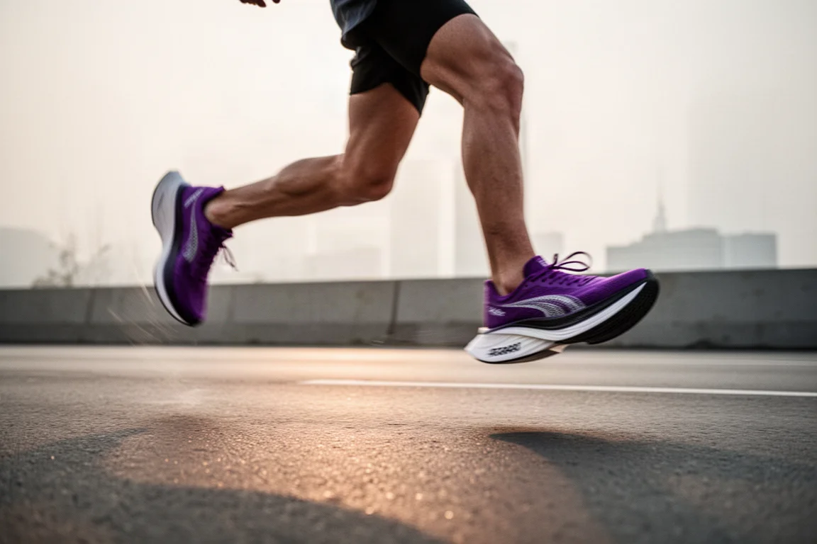 Hardloper traint op marathontempo op een rustige asfaltweg in zacht ochtendlicht