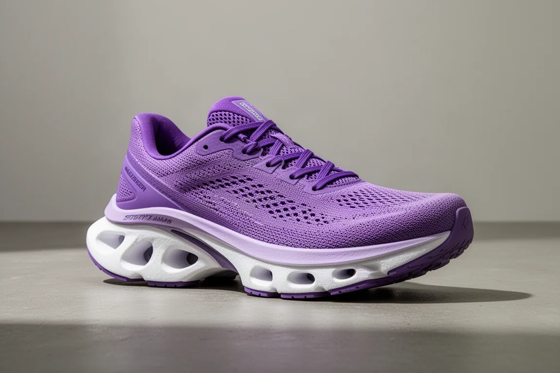 Purple carbon plate marathon racing shoe with tall foam midsole on concrete