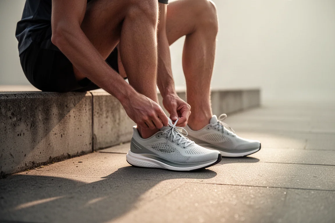 Runner lacing up a lightweight running shoe on a sunlit sidewalk