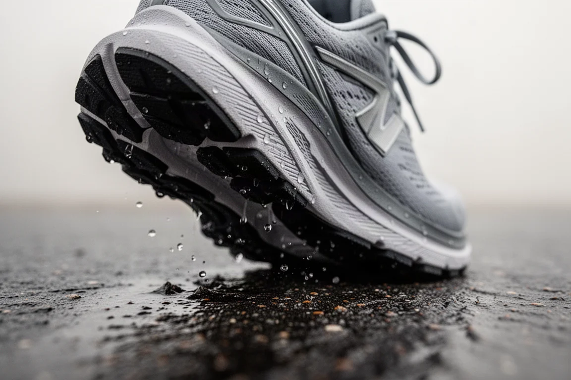 Running shoe outsole on wet asphalt showing rubber grip
