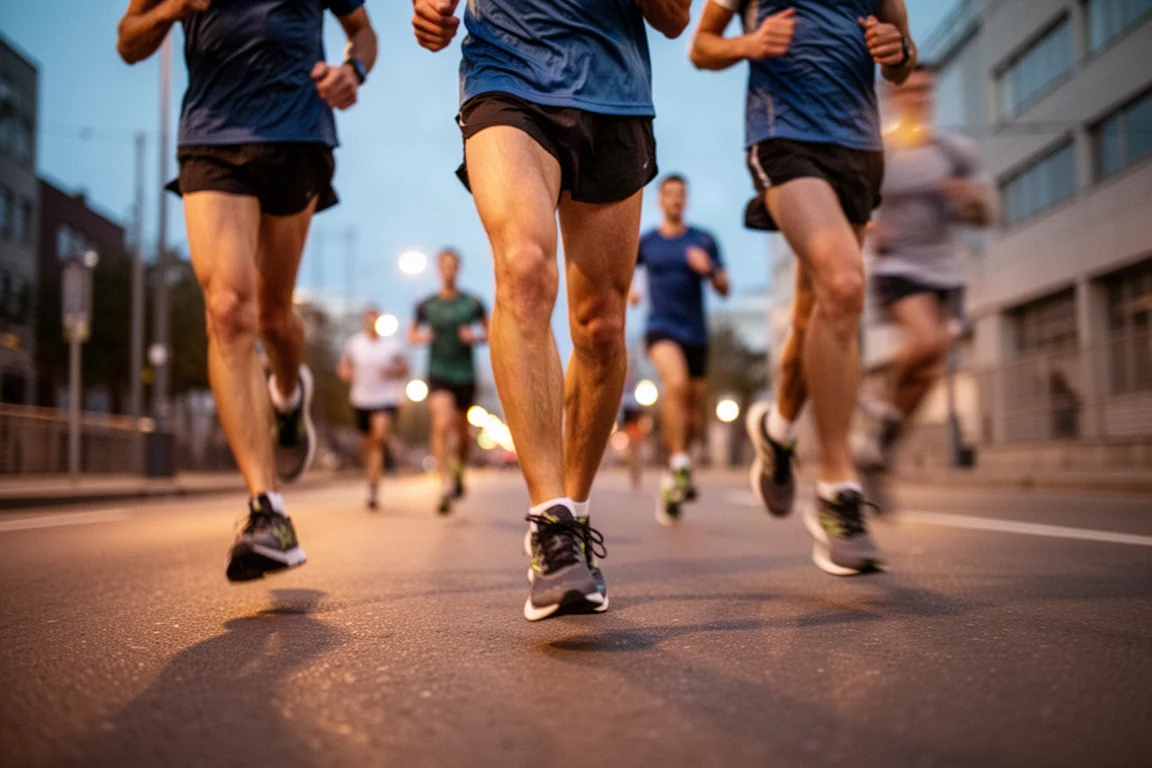 Group of runners picking up the pace on an evening city street
