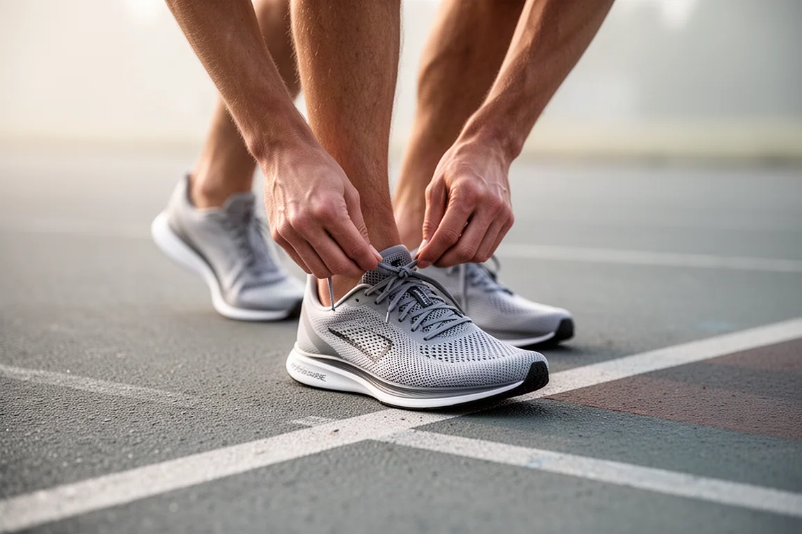 Runner lacing up a lightweight racing shoe before a track workout
